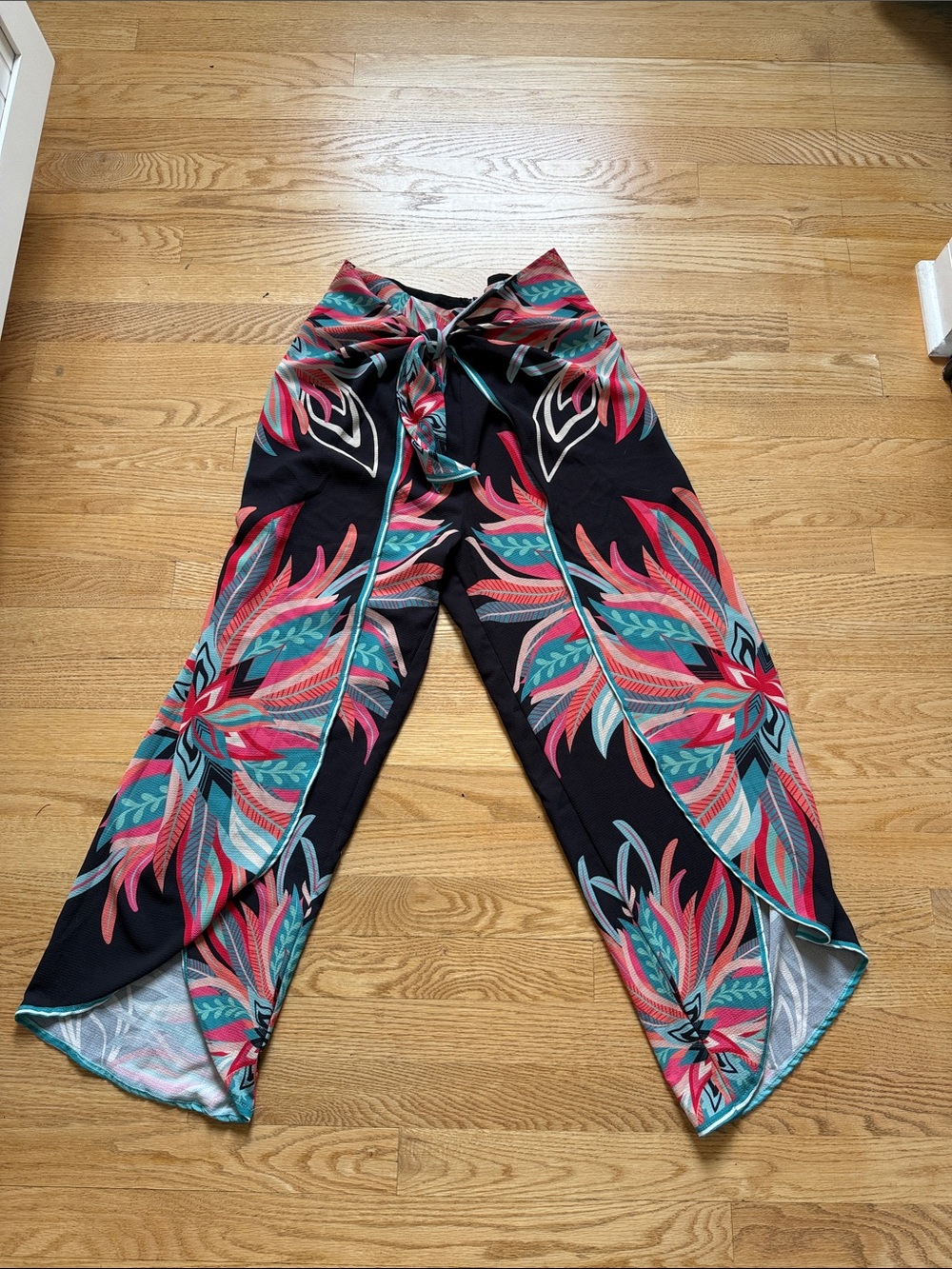 Jealous Tomato Black Pants with Teal, Coral & Pink Tropical Print